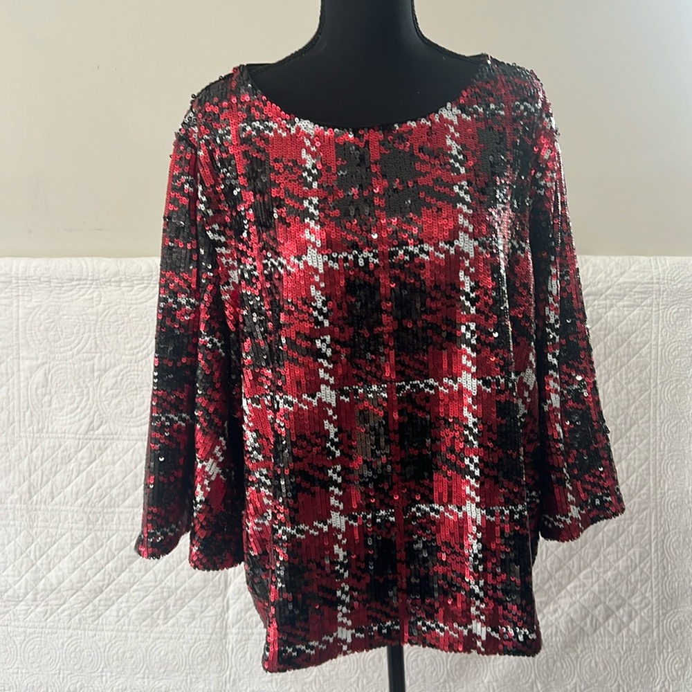 Chico’s us size 2X Red and Black with sequins Lining shell ground 100% polyester